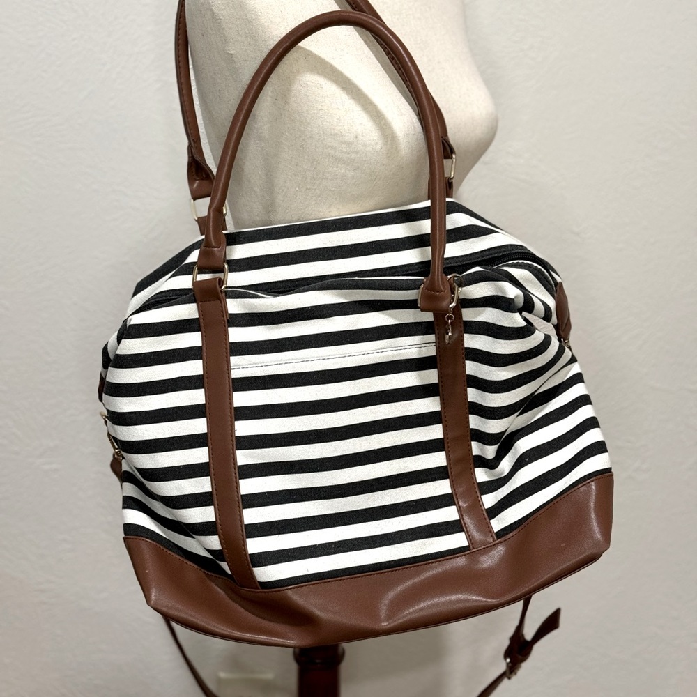 True Born charcoal and white striped canvas duffle bag / gym bag / carry-on.